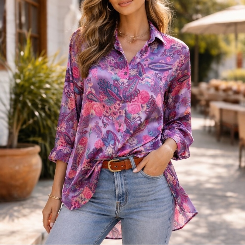 Judy Knapp Purple Paisley Floral Satin Blouse Rose Button Longline Size M